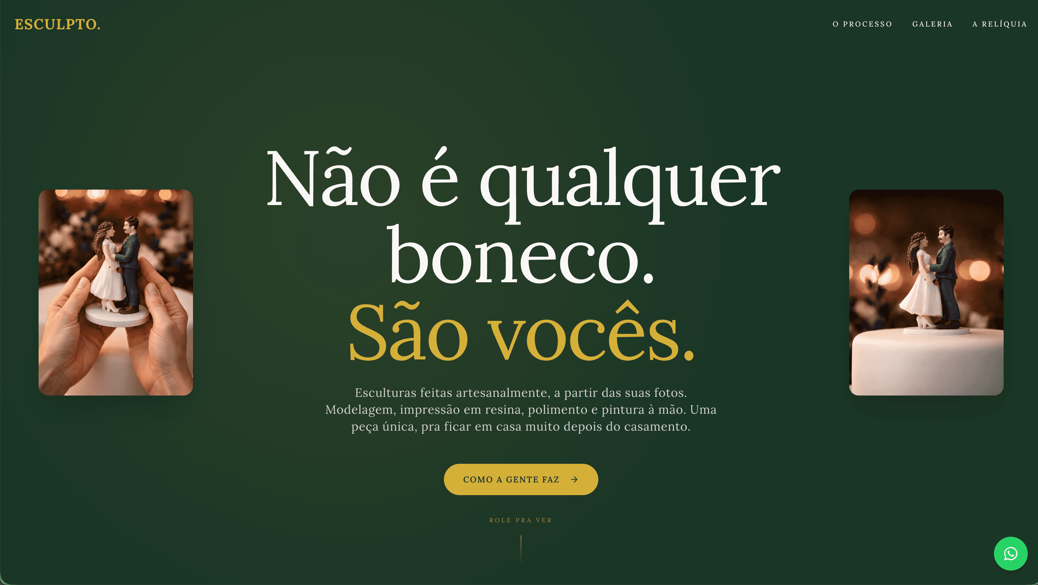 Esculpto homepage — a dark green hero with the headline 'Não é qualquer boneco. São vocês.' next to wedding cake topper sculptures.
